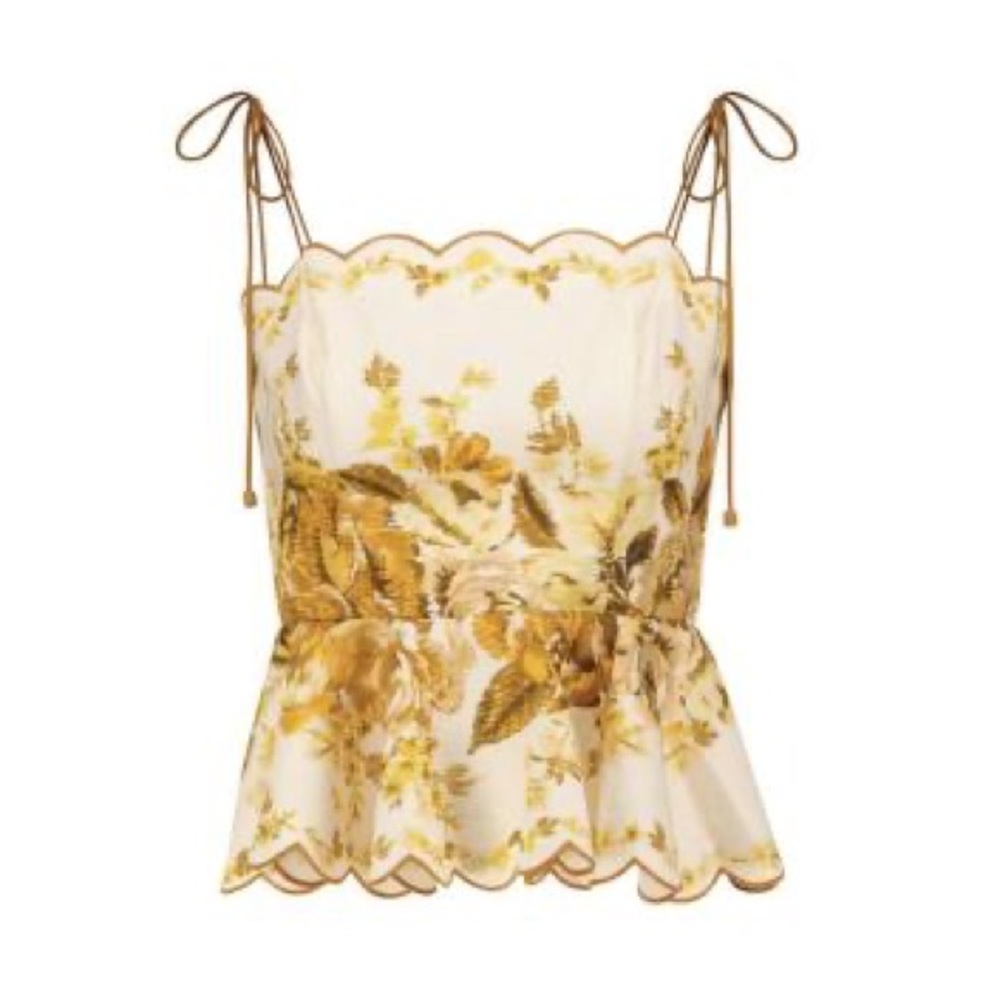 Zimmermann yellow & ivory floral print linen Aliane scalloped camisole